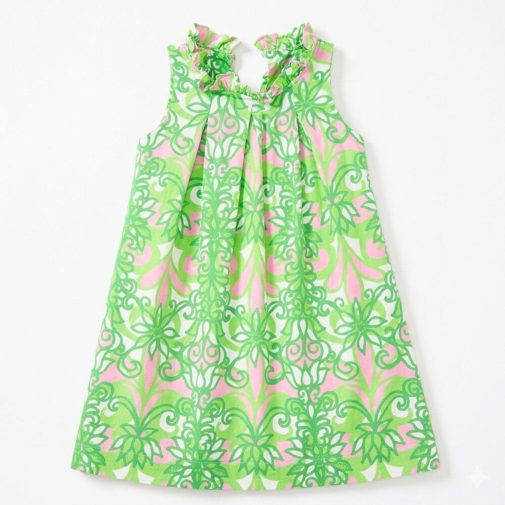 LILLY PULITZER Dress Green Pink Floral Sleeveless Ruffled Neck Girls Size 4 (XS)